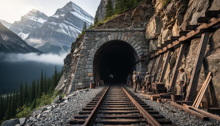 Historic stone railway tunnel entrance carved through rocky mountain face in the Canadian Rockies