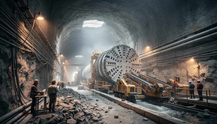 Large tunnel boring equipment inside hydroelectric water diversion tunnel with workers