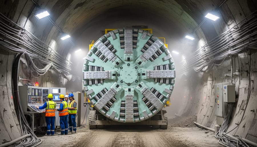 Close view of modern tunnel boring machine cutterhead showing cutting tools and engineering precision