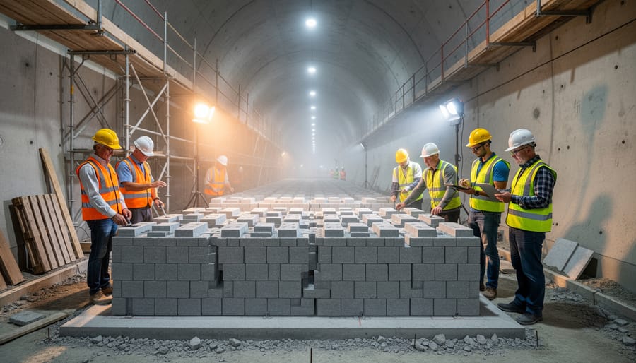 Prefabricated modular masonry components at underground tunnel construction site