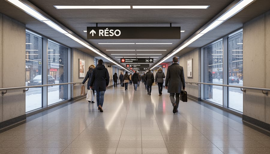 Modern underground pedestrian corridor in Montreal's RÉSO system with people walking