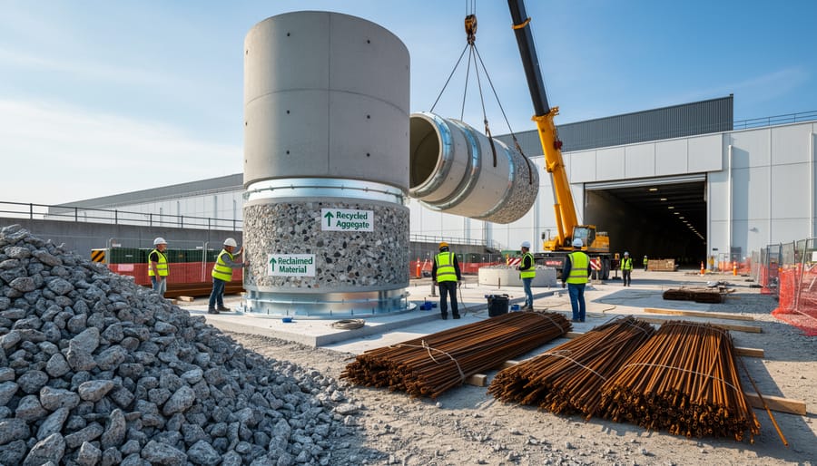 Construction worker installing recycled concrete masonry block in underground shaft