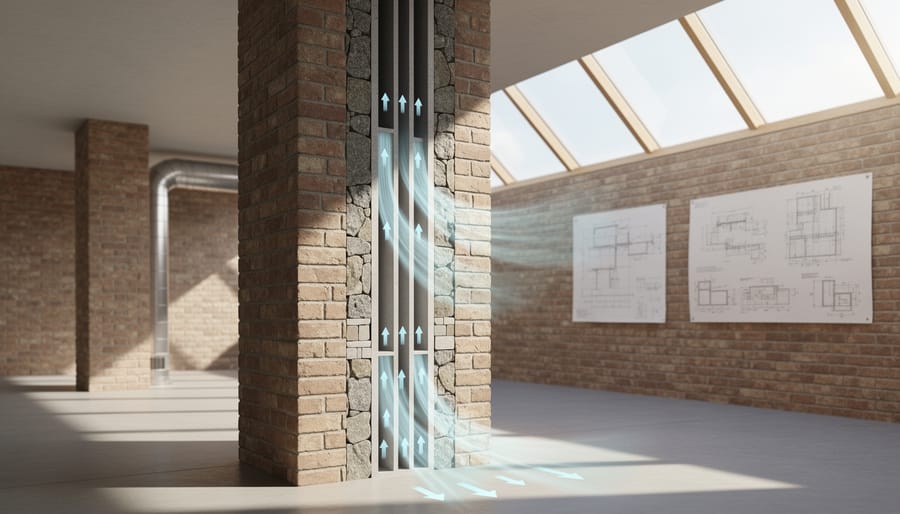 Interior view of modern masonry ventilation shaft showing thermal mass design