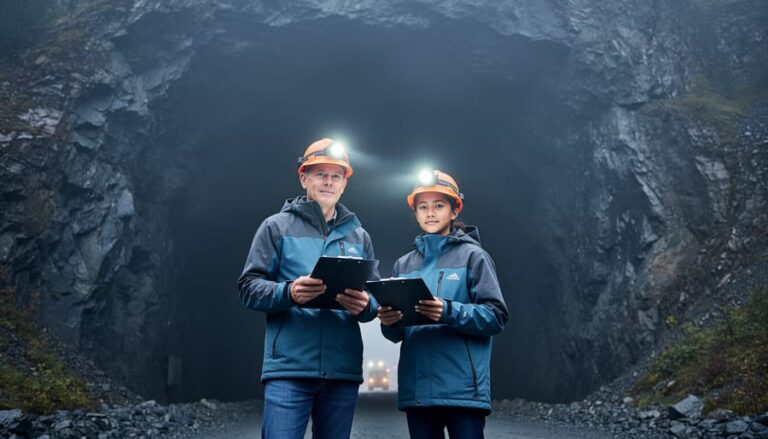 Diverse Canadians wearing hard hats and headlamps stand at an underground tunnel entrance holding clipboards, symbolizing responsible advocacy for resources and underground infrastructure.