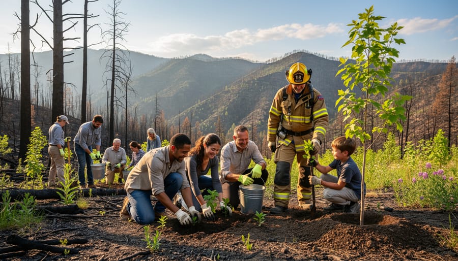 Community members outdoors near a recovering boreal forest after wildfire