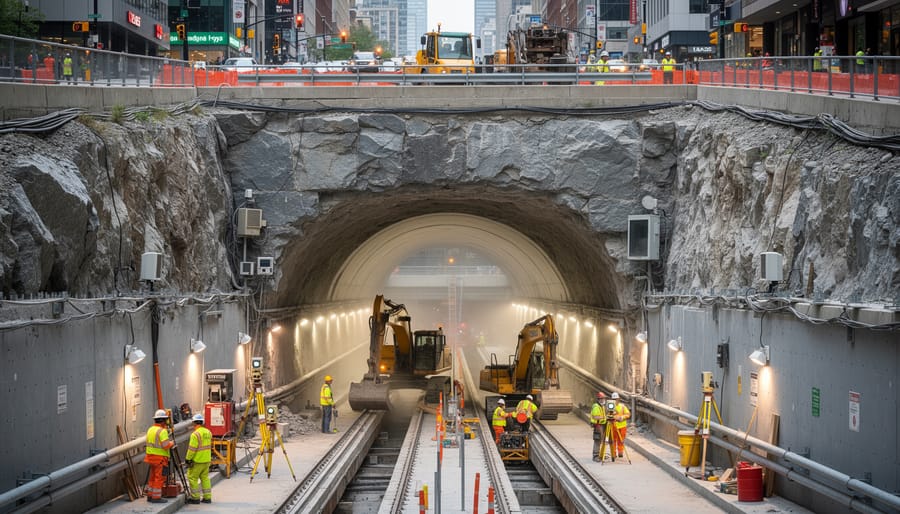 Construction crew working near a tunnel portal with concrete and rock excavation visible.