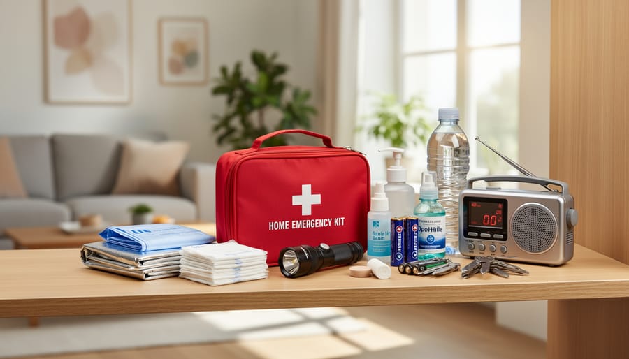 Emergency preparedness kit and supplies laid out in a home living room