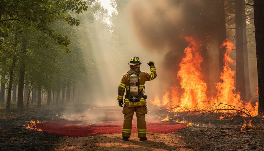 Firefighter in turnout gear standing near a smoky forest edge with fire glow in the background