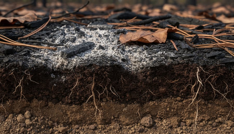 Macro view of charred forest soil with exposed organic matter and root fibers