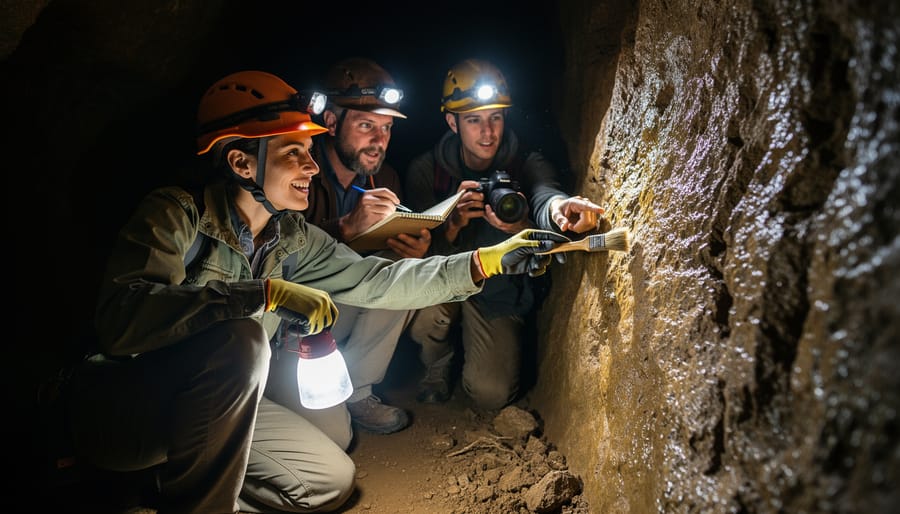 People wearing helmets and headlamps collaborate underground around shared exploration materials and a portable light table.