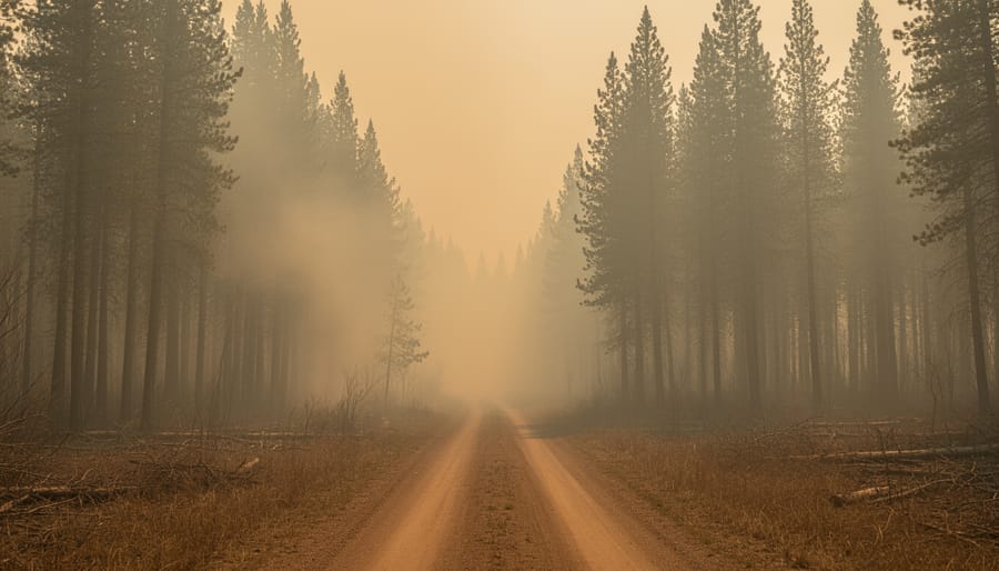 Smoke haze rising above a boreal forest with an orange glow in the distance