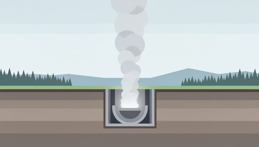 Steam rising from a geothermal vent with evergreen trees in the blurred background.