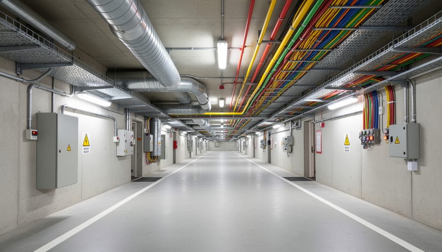 Underground corridor with ventilation ducts, exposed pipes, and industrial service equipment.