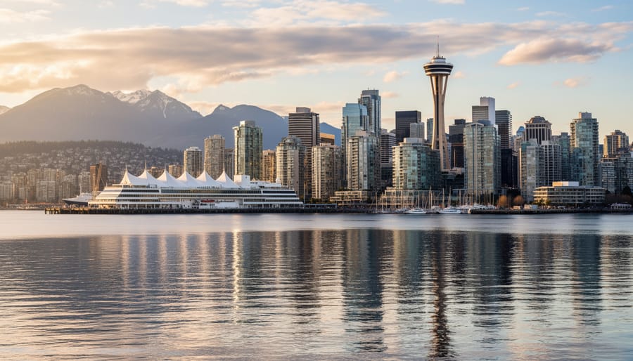 Vancouver skyline at dusk with Burrard Inlet in the foreground