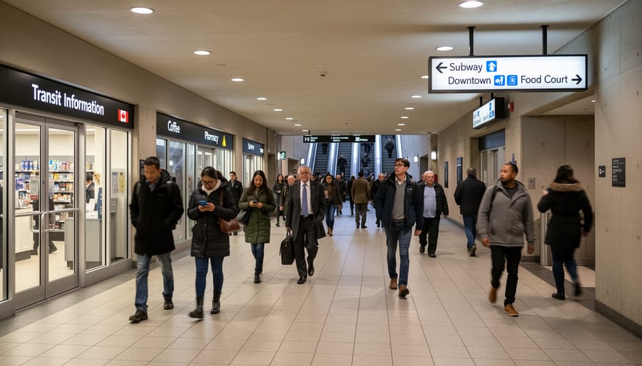 View down a modern underground pedestrian concourse with bright lighting and tiled floors.