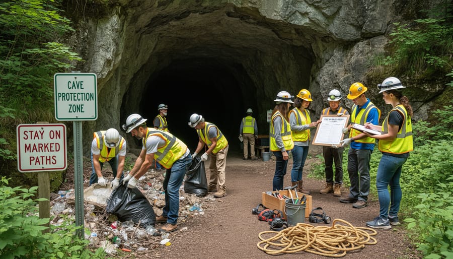 Volunteers cleaning a cave entrance area while one person documents observations, showing community conservation efforts.