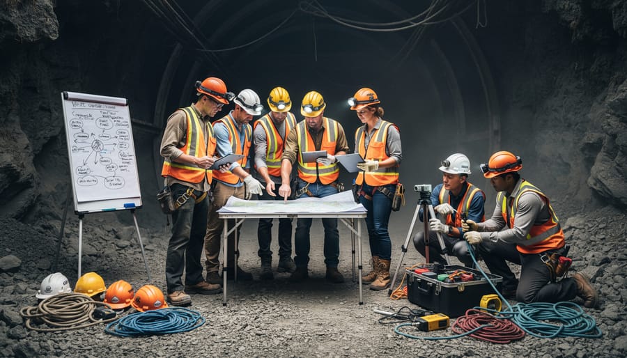 Group of community members in outdoor gear gathered around a portable research kit near a forest entrance to an underground area