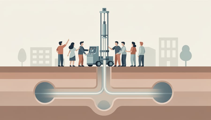Community members and workers in hard hats observe a drilling rig during a workshop at dusk