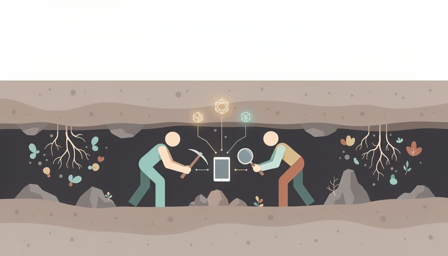 People collaborating in a dark underground setting with headlamp light and a field notebook near wet rock and lichen