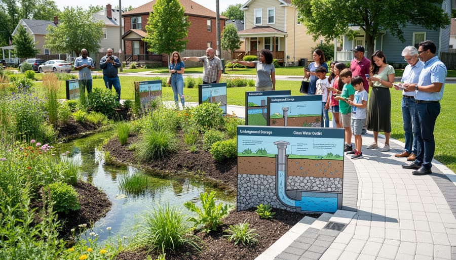 Green bioswale and rainwater channel with flowing water and wet soil, with a subtle underground structure blurred in the background