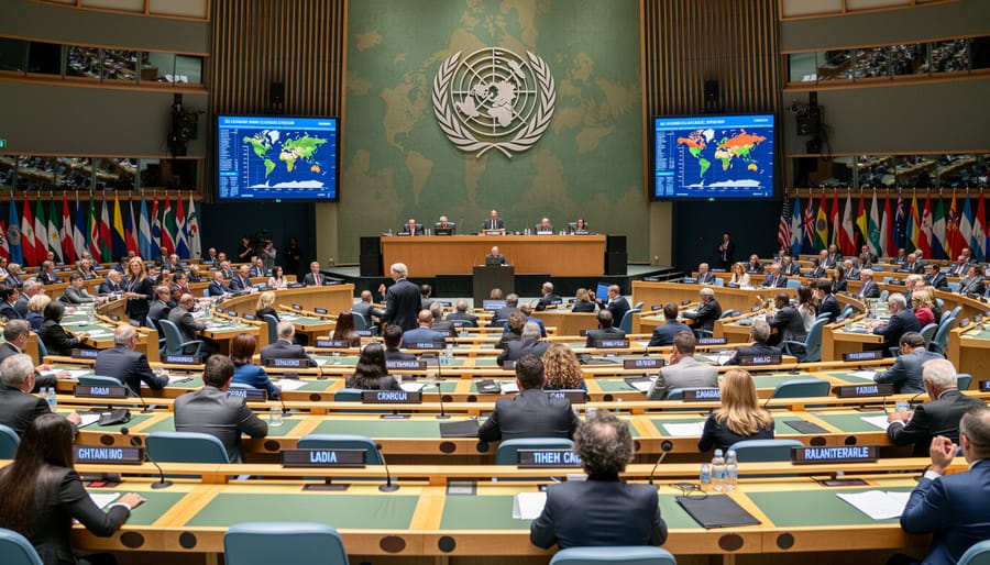 Delegates in a UN-style conference hall listening during a climate-related meeting