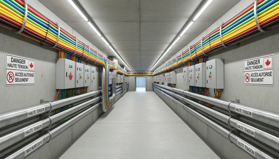 Underground tunnel entrance with concrete lining and overhead lights, viewed from inside at a low angle.