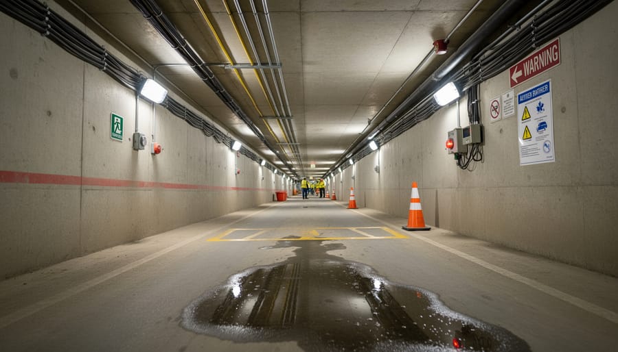 Underground tunnel corridor with concrete walls, pipes, and cable runs leading into shadowed depth