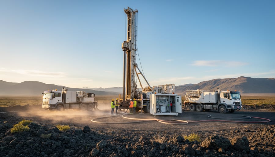 Geothermal drilling rig and wellhead near an outdoor borehole site in a rocky landscape.