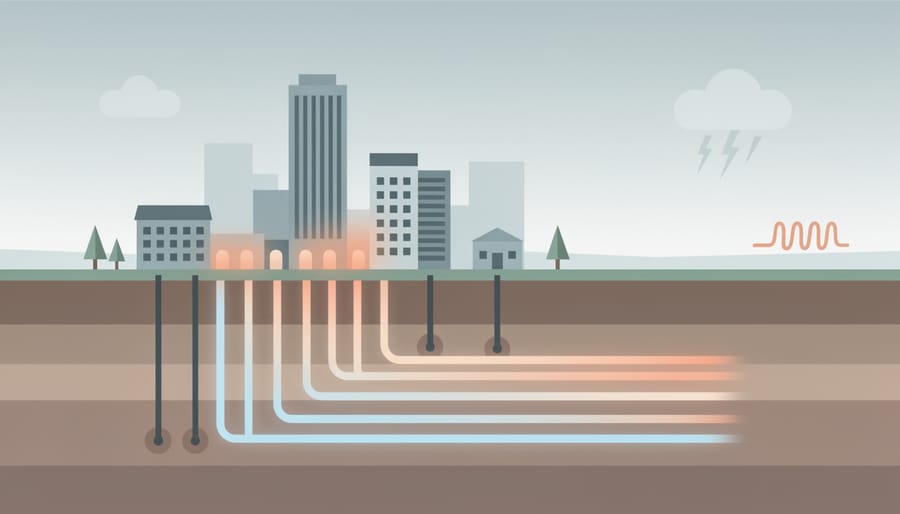 Geothermal district energy facility with drill equipment and soft steam rising in warm golden-hour light