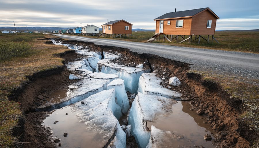 Northern ground showing thawing permafrost with fractured ice crust and dark wet soil