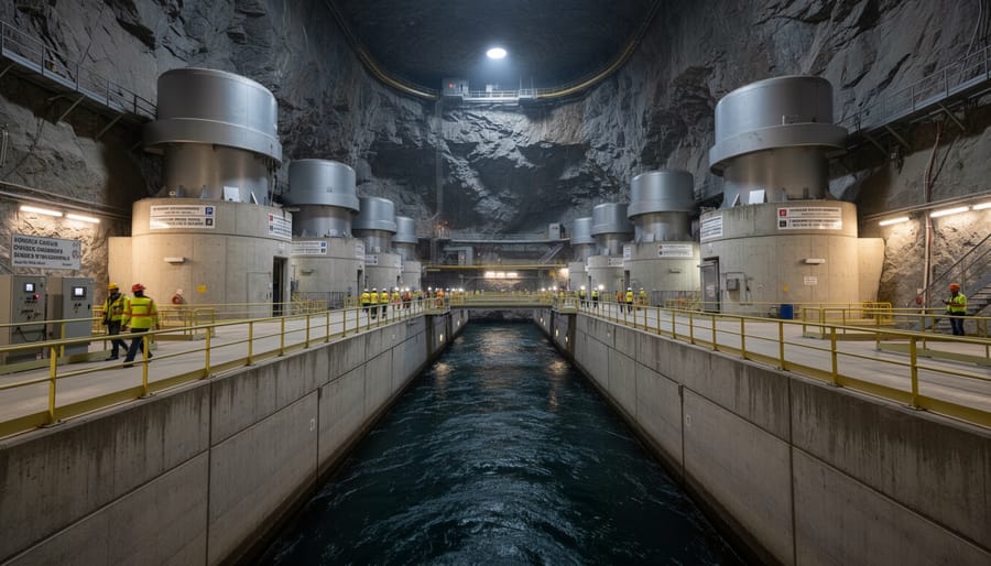 Interior of an underground hydroelectric powerhouse with large steel pipes and illuminated rock walls.
