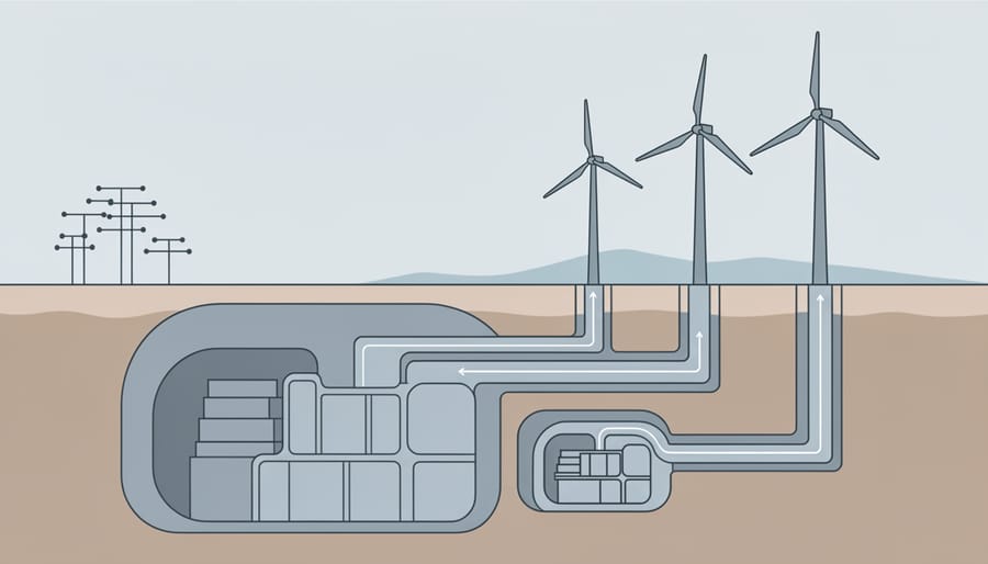 Wind turbine in a field with a subtle underground energy storage access structure near the ground.