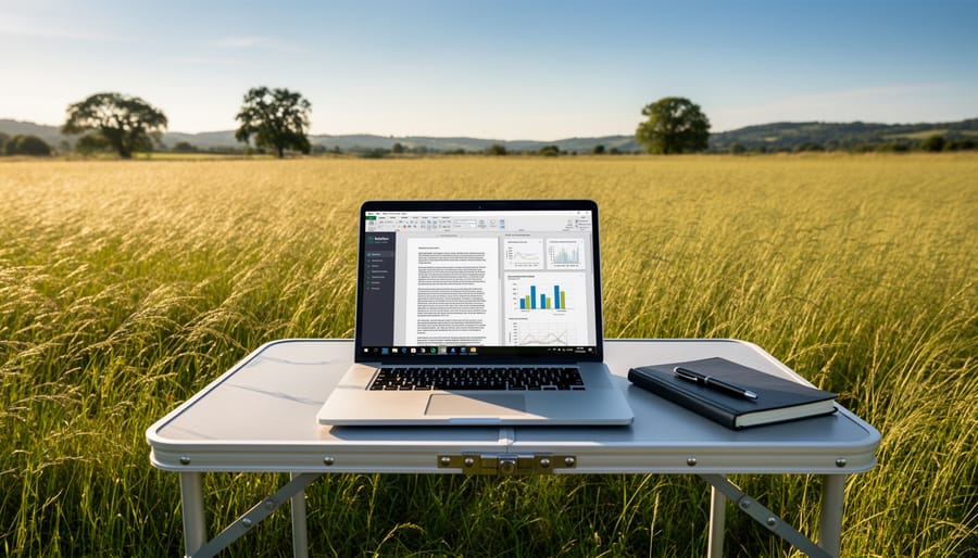 Laptop on a rugged field case outdoors with notebook and field tools beside it for sharing underground exploration knowledge.