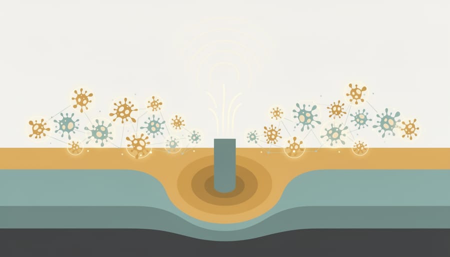 Macro view of green bioluminescent-like glow around damp underground rock near a geothermal vent, symbolizing sustainable energy.