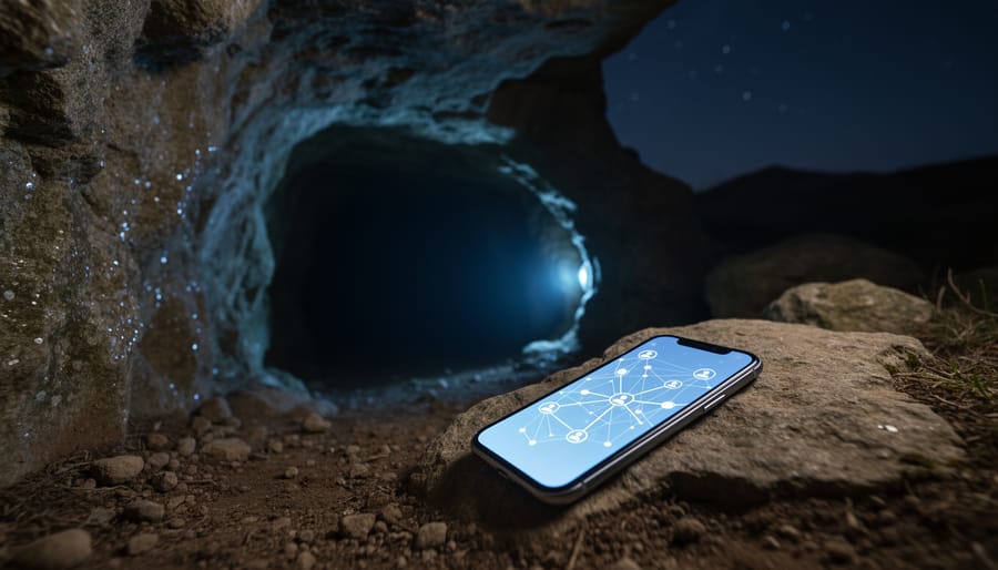Person holding a smartphone near a dark cave entrance at dusk, symbolizing digital connection with underground exploration.