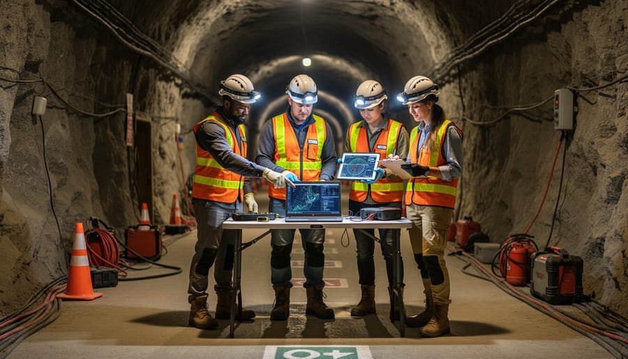 Volunteers in helmets and headlamps collaborating in a tunnel around a portable tripod camera.